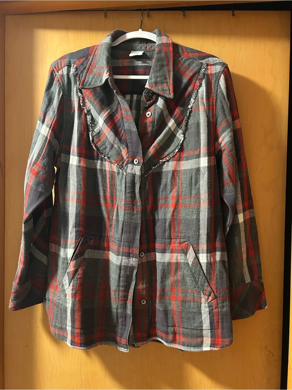 Plaid Button-Front Shirt Jacket in Gray & Red cabi large shacket
